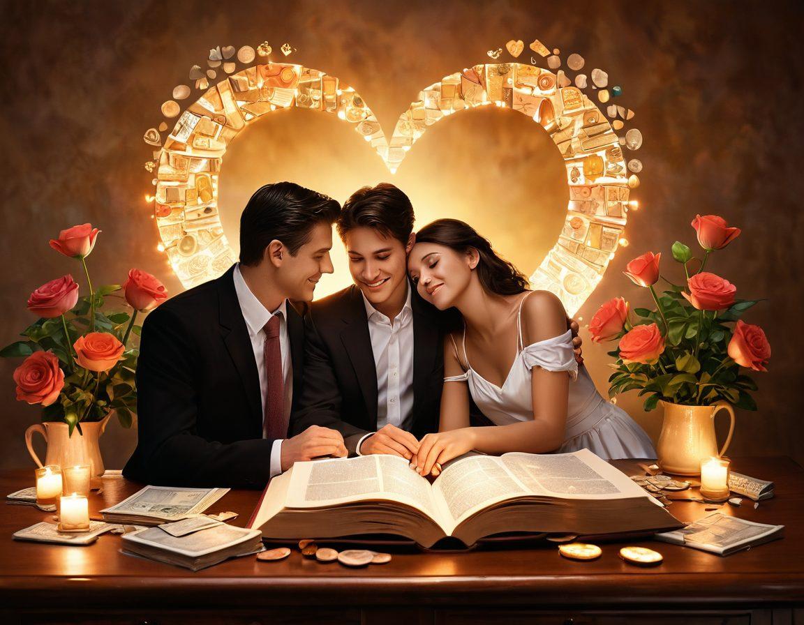 A romantic scene featuring a couple sharing a heartfelt moment, surrounded by symbols of financial wisdom like open books with dollar signs, a glowing heart made of coins, and blooming flowers representing affection. The backdrop should blend soft, warm colors to evoke love and trust, creating an inviting atmosphere. The couple should be portrayed in a tender embrace, with light reflecting off their smiles, symbolizing the connection between finance and romance. super-realistic. warm tones. dreamy background.