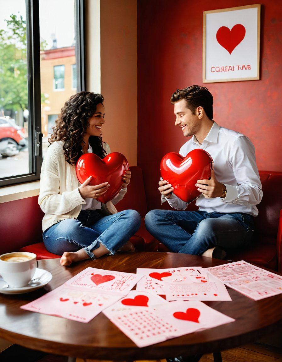A warm, inviting scene of a couple sitting at a cozy coffee shop table, surrounded by playful heart-shaped elements intertwined with financial symbols like dollar signs and graphs. The couple shares a joyful moment, while a soft glow of golden light enhances the intimacy of the setting. Include elements of intertwining passion and finance, such as a heart-shaped money box and love notes on a financial report. create a balance of romance and financial themes. vibrant colors. super-realistic.