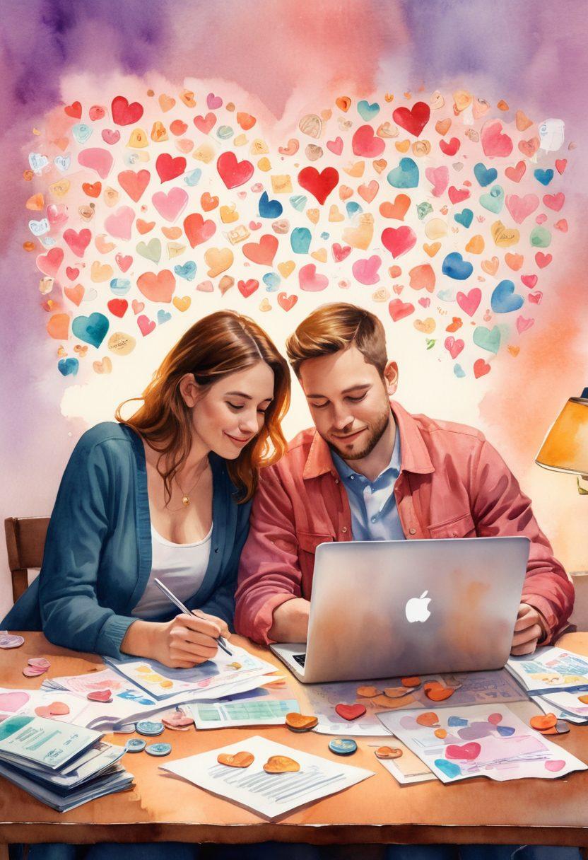 A warm and intimate scene of a couple sitting together with a laptop, surrounded by love letters and financial documents, as they discuss their dreams and goals. Subtle elements like hearts made of coins and a glowing piggy bank symbolize emotional wealth intertwined with smart money management. Soft lighting creates an inviting atmosphere. watercolor art. vibrant colors. cozy setting.